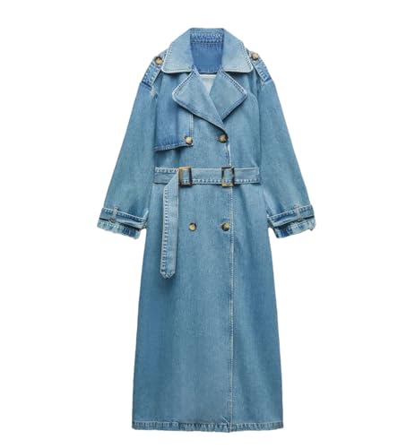 Denim Trench Coats For Women Belt On Waist Slim Jean Coats Blue